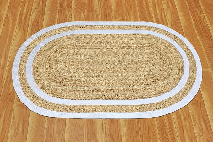 9x15 Rugs for Living Room Oval Kilim Rug Natural Oval Jute Thick 0.27" Solid Design Beige White Hand Braided Jute Flatweave Mat Handmade Boho Indoor Outdoor Rugs for Bedroom Living Dining Room