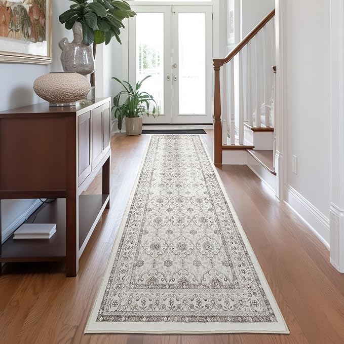 jinchan Hallway Runner Rug 3x7 - Machine Washable Beige Vintage Floral Distressed Design Soft Non-Slip Low-Pile Ultra-Thin Runner Rug for Kitchen Laundry Room Bedroom Farmhouse (3‘x7', Beige)