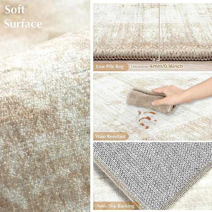 Vintage Living Room Area Rug - 6x9 Large Machine Washable Boho Moroccan Distressed Farmhouse Rugs for Bedroom - Soft Non-Slip Indoor Floor Accent Rugs for Office Dining Room (Beige, 6' x 9')