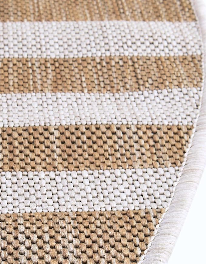 Unique Loom Outdoor Striped Collection Area Rug - Striped (10' Round Taupe/Ivory)