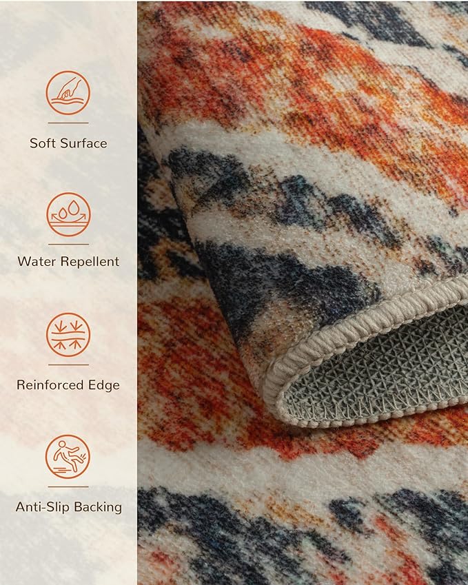 Area Rug 5x7 Rug Machine Washable Non-Slip Low Pile Print Pattern Fall Rug for Living Room Bedroom Entryway Tribal Series -Orange/Brown