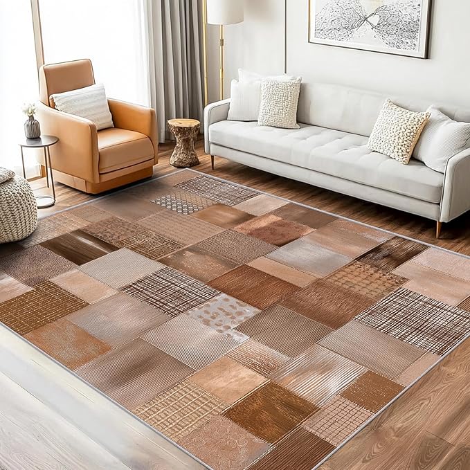 Patchwork Rug, Washable 3x5 Rug for Living Room, Geometric Brown Patterned Indoor Carpet, Patchwork Decor for Home, Bedroom, Soft Non Slip Thin Design FER4