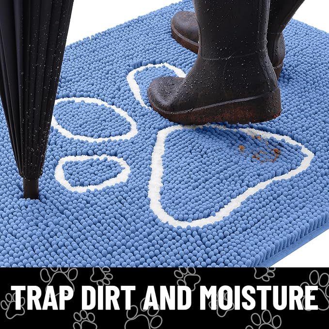 Smiry Dog Door Mat for Muddy Paws, Absorbent Dirt Trapper Non Slip Quick Dry Washable Chenille Mat for Mud Dogs, Entry Rug for Indoor and Outdoor (40x32 Inches, Cornflower Blue and White)