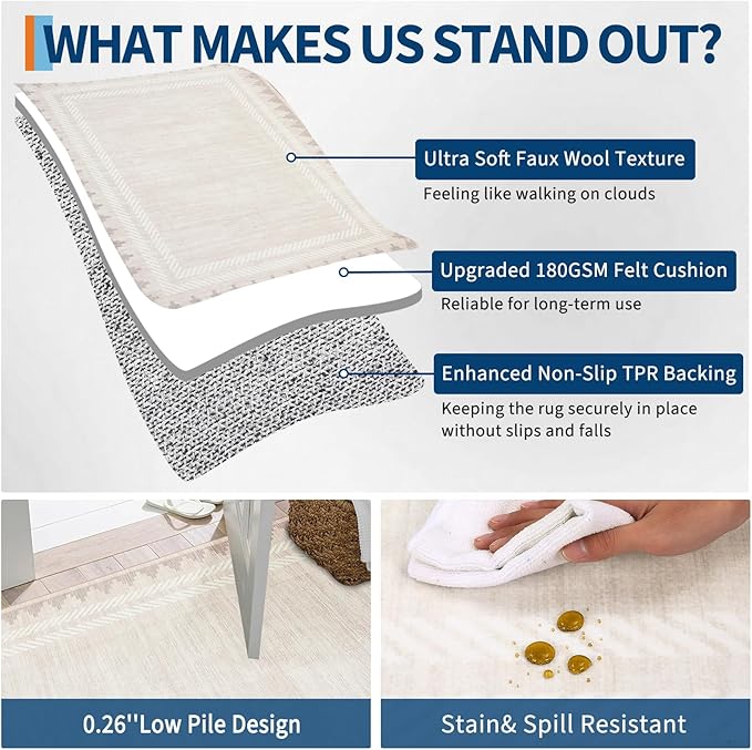 Geometric Bordered Machine Washable 9x12 Low Pile Area Rugs for Living Room Large Non Slip Soft Indoor Carpet Foldable Stain Resistant Non-Shedding Beroom Dining Room Rugs, Beige