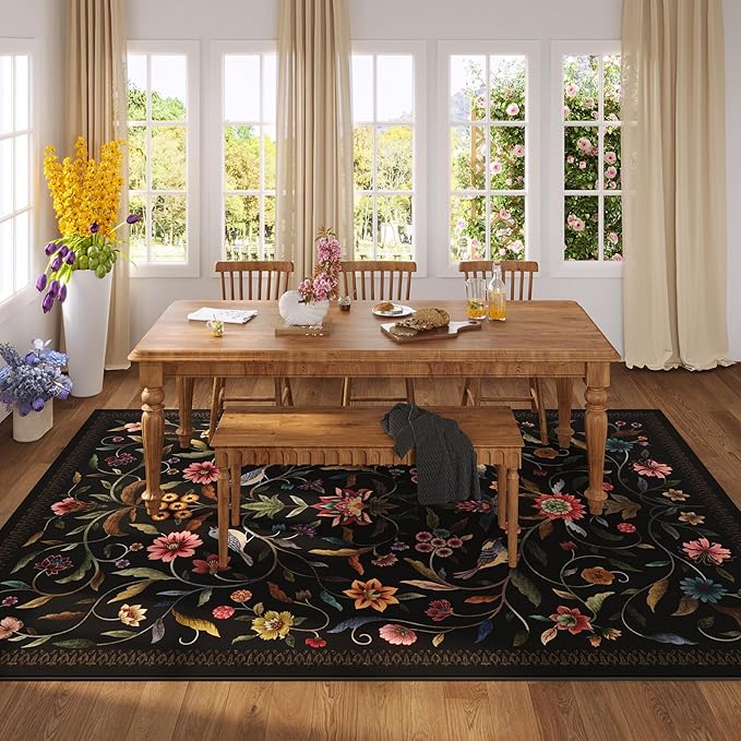 Vintage Medallion Floral 5x7 Area Rugs, Machine Washable Non-Slip, Low Pile Soft Carpet for Living Room, Bedroom, Dining Room, Farmhouse, Kids Playroom, Office | Black