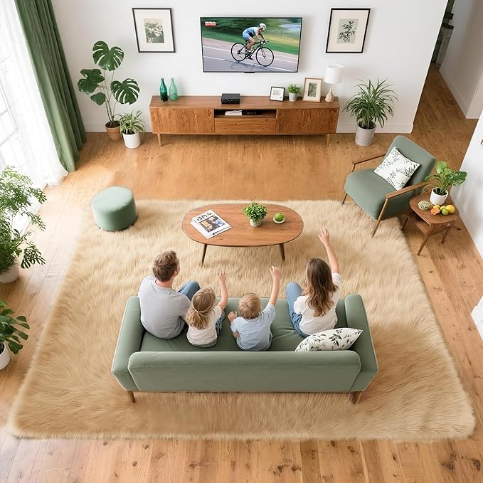 8x10 Solid Fluffy Camel Area Rug – Washable, Durable, Extra Large Living Room Rug, Non-Slip High Pile Shag Rugs for Bedroom, Playroom, Nursery Rooms, Kids Room, Soft Indoor Floor Carpet Decor