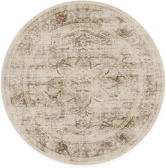 RUGGABLE Washable Vintage Area Rug – Sarrah Hazel 6 ft Round, Stain-Resistant, Non-Slip – Medium Machine Washable Rugs for Living Room, Bedroom, Hallway, Entryway & Office–with Standard Pad