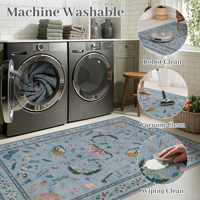 8x10 Area Rugs with Insect Print - Bug Rug Non-Shedding Stain Resistant Soft Carpet for Bedroom, Low Pile Ultra-Thin Machine Washable Carpet for Dining Room, Kids Nursery, Office (8'x10' Blue)