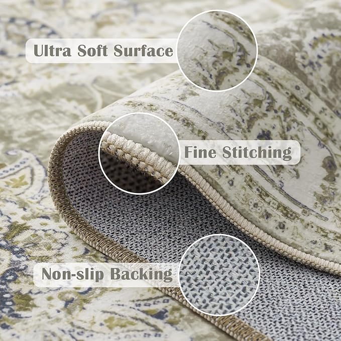 jinchan Fiora Hallway Runner Rug 3x8 Washable Runner - Vintage Floral Non Slip Low-Pile Soft Thin Faux Wool Kitchen Rug Distressed Carpet for Farmhouse Bedroom Laundry Room(3x8ft, Taupe)
