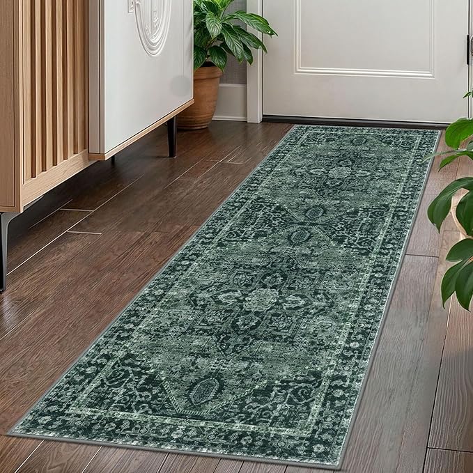 KOZYFLY Runners for Hallways 2x5 Ft Washable Kitchen Runner Rug Boho Runner Rug for Entryway Indoor Printed Oriental Faux Wool Floor Carpet Runner for Laundry Room Kitchen Hall, Dark Green