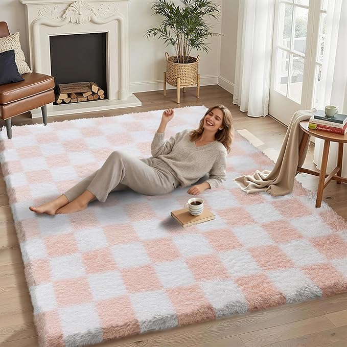 5x7 Area Rugs for Living Room Bedroom, Soft Fluffy Shaggy Bedside Rug, Indoor Floor Carpet for Kids Playroom, Dorms, Nursery Rooms, Home Decor (Pink & White 5'x7')