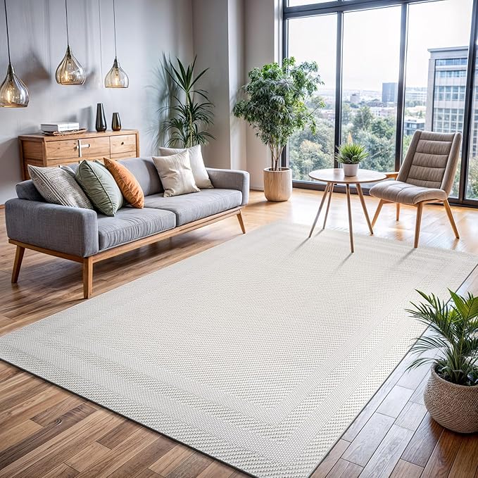CAMILSON Micro Loop Rug 8x10 Modern Luxury Bordered Area Rugs Soft High and Low Pile Stain Resistant Easy-Cleaning Non-Shedding for Living Room Office Indoor Carpet (8 x 10 / White)