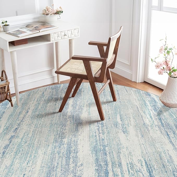 MUJOO Round Rugs 6ft,Circle Area Rug Washable,Circular Rugs for Living Room Dining Room,Large Modern Abstract Non Slip Throw Carpet Accent Neutral Blue