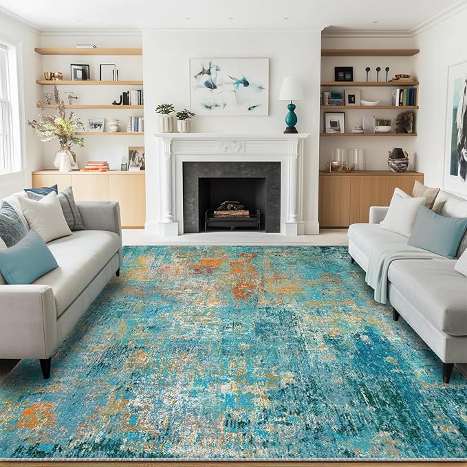 Washable Area Rugs 5'x8' Non-Slip Modern Abstract Soft for Living Room Entryway Bedroom Nursery, Print Pattern, Teal Blue Green Orange Rust Red Colorful