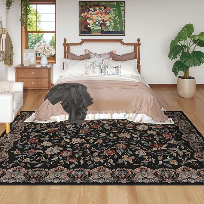 Rugcomf Vintage Paisley Rugs for Living Room 5'x7' - Machine Washable Area Rug, Non-Slip Low Pile Floral Carpet for Bedroom, Dining Room, Farmhouse, Office, Kids Playroom - Black