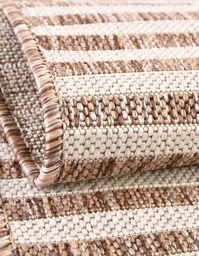 Unique Loom Outdoor Striped Collection Area Rug - Striped (10' Square Taupe/Ivory)