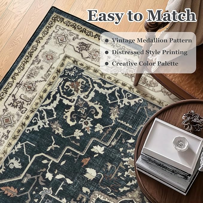 Washable Throw Rugs for Entryway, 4x6 Dark Rug with Rubber Backing for Living Room Bedroom, Vintage Medallion Distressed Area Rug for Kitchen/Bathroom/Dorm/Home Office, Midnight/Multi
