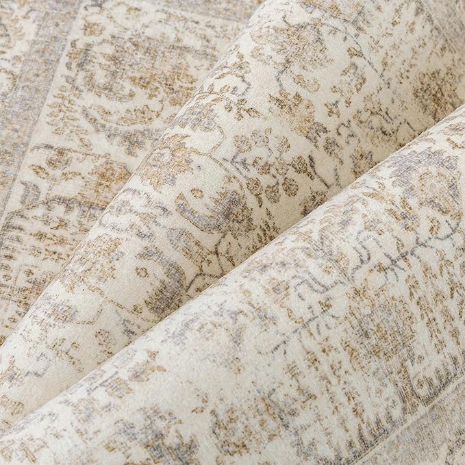 Light Brown Area Rug 4x5 Office Entryway Rug Machine Washable Kitchen Vintage Distressed Non Slip Carpet Indoor Retro Floral Accent Throw Door Mat for Bathroom Bedroom Dining Living Room