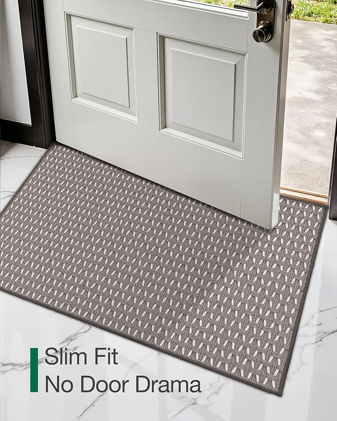 LUMI Handwoven Indoor Door Mat 36"x59", Non-Slip Low Profile Checkered Inside Doormat, Comfort Weave Grid Pattern Floor Mats, Taupe
