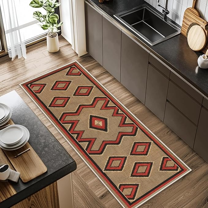 Brown Base Red Black Diamond Runner Rug, 4x10ft Zigzag Pattern Hallway Runner Rug, Corridor & Foyer High-Traffic Area Rugs, Durable Flannel Carpet Non-Slip Mat, Southwestern Home Decor