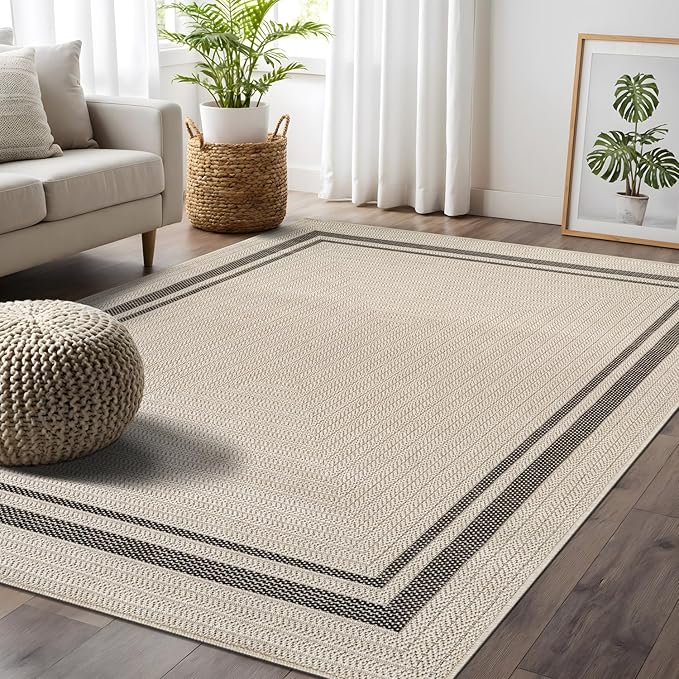 Beverly Rug Easy Jute Bordered Rug 4x6 Washable Durable Indoor Outdoor Area Rugs for Living Dining Room Patio Office Stain Resistant Non Shedding Casual Indoor Outside Carpet 4 x 6 Off-White