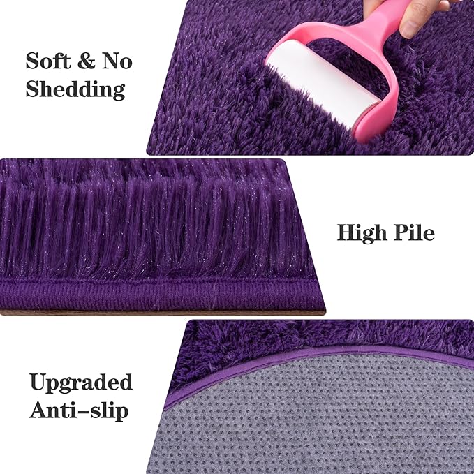 Soft Fluffy Area Rug for Bedroom, Purple Fuzzy Shaggy Oval Throw Rugs for Bedside, Non-Slip Cozy Plush Shag Carpet for Girls Kids Room Nursery Dorm Living Room, 2.6 x 5.3 Feet