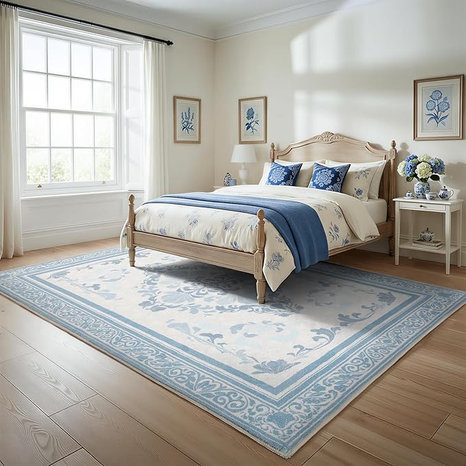SOULFUL Medium Pile 8x10 Rugs for Living Room - Soft Foot Feel Large Area Rug - Mist Blue Boho Floral - Washable Non-Slip - Perfect for Bedroom Kids Room Under Dining Table Office