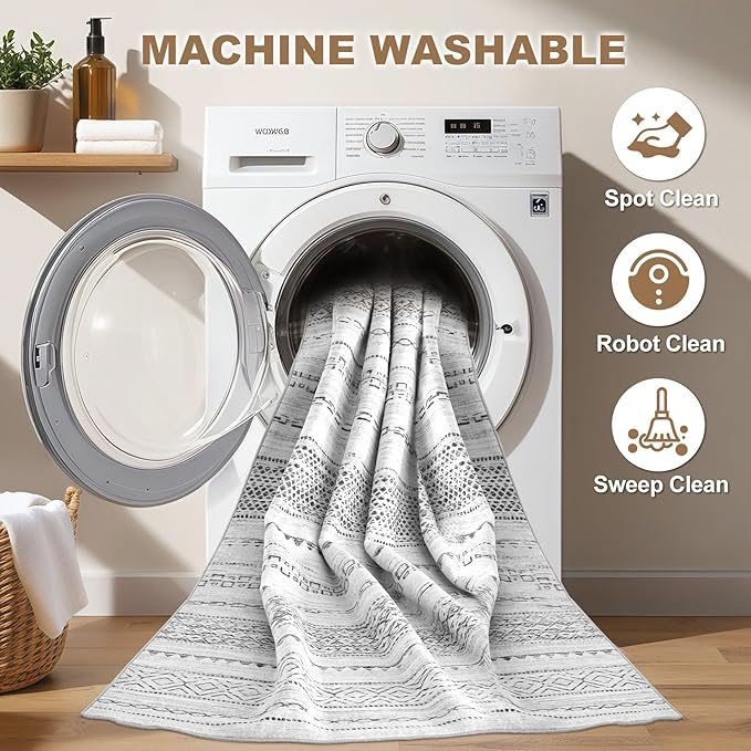Nakagishi Area Rug Living Room Rugs: 4X4 Machine Washable Boho Large Neutral Farmhouse Stain Resistant Moroccan Indoor Floor Carpet for Bedroom Nursery Dorm Dining Room Home-Color Gray