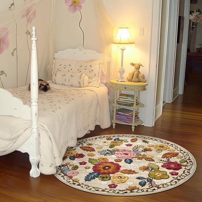 4ft Round Machine Washable Area Rug for Living Room, Beige Vintage Boho Floral Rug Large Non-Slip Low Pile Soft Faux Wool Carpet, Kids and Pets Friendly for Bedroom Nursery Farmhouse Home Decor Rug