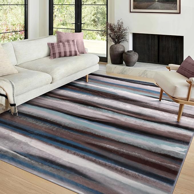 Abstract 8x10 Area Rug, Modern Stripe Rugs for Living Room, Washable Soft Large Non-Slip Floor Carpet for Dining Room Office Bedroom Farmhouse Decor - Blue/Brown/Multi