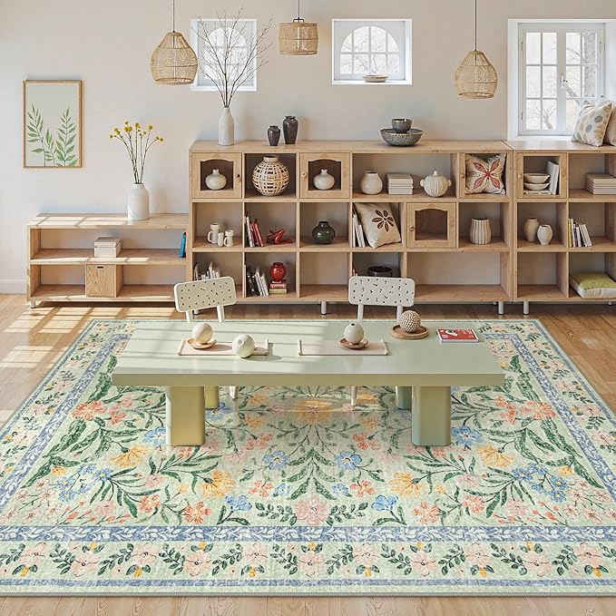 Lahome Machine Washable Area Rugs 8x10 Non Slip, Soft Boho Living Room Rugs, Ultra-Thin Vintage Cottage Throw Carpet for Home Office Dinning Room Kids Playroom, Green/Multi