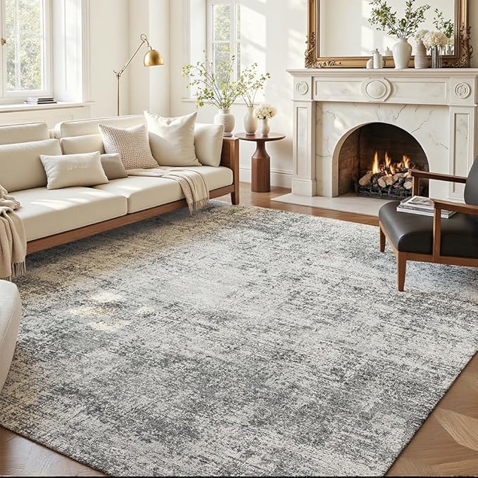 Area Rug 8x10 Washable Rug Light Grey for Living Room, Dining Room, Bedroom, Large Carpets, Non Slip & Non-Shedding Low Pile Vintage Print Rug for Home Office Decor