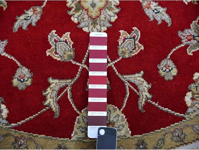 Exotic Red Hand Knotted All Over Leaf Pattern Wool and Silk Rajasthan Design Round Rug (6'x6')
