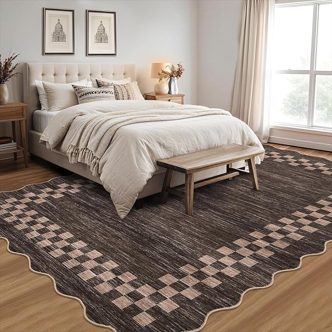 GarveeHome Washable Rug 5x7 for Living Room Large Bedroom Scalloped Rug Non Slip Stain Resistant Modern Border Throw Carpet Soft Boho Rug for Dining Room Nursery Home Office, Brown