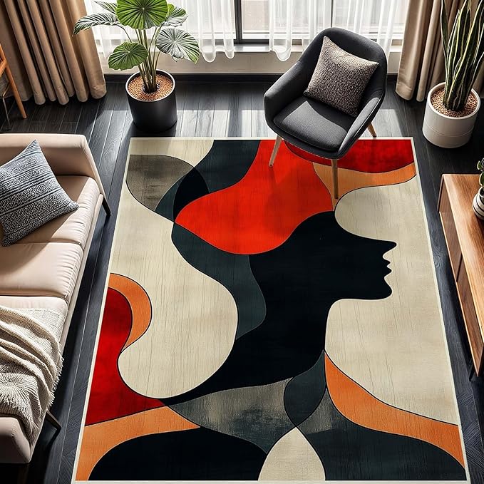 6x10 Abstract Rug, Abstract Area Rug, Geometric Area Rugs, Modern Geometric Rugs, Minimalist Face Carpet, Contemporary Carpet for Living Room, Non Slip & Faux Cashmere Low Pile