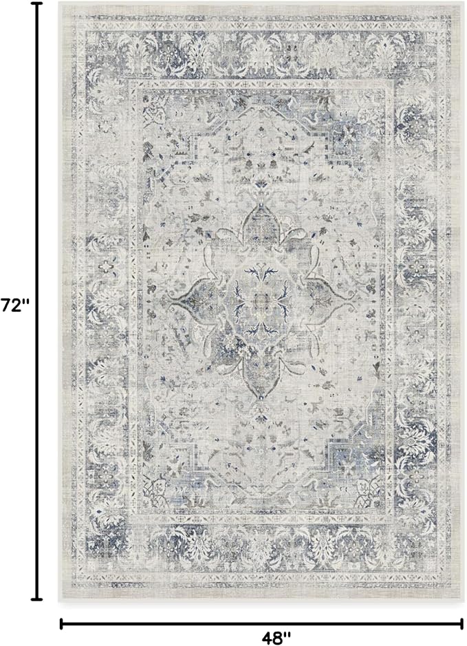 RUGGABLE Washable Vintage Area Rug – Sarrah Blue Quartz 4x6, Stain-Resistant, Non-Slip – Medium Machine Washable Rugs for Living Room, Bedroom, Hallway, Entryway & Office–with Cushioned Pad