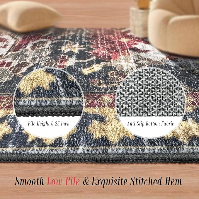 RUGSURE Washable Area Rugs - Perfect for Living Room, Bedroom, Kids Room, Nursery - Stain & Water Resistant Non-Slip, Pet & Child Friendly, Vintage Tribal Area Rugs (Rust, 4' x 6')
