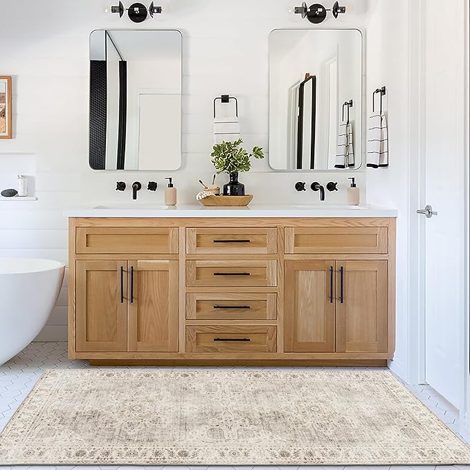 ReaLife Rugs Machine Washable Area Rug Runner - Living Room Bedroom Bathroom Kitchen Entryway Office - Padded Low Pile Stain Resistant Premium - Boho Farmhouse Vintage - Joy - Beige Ivory 2'6" x 6'