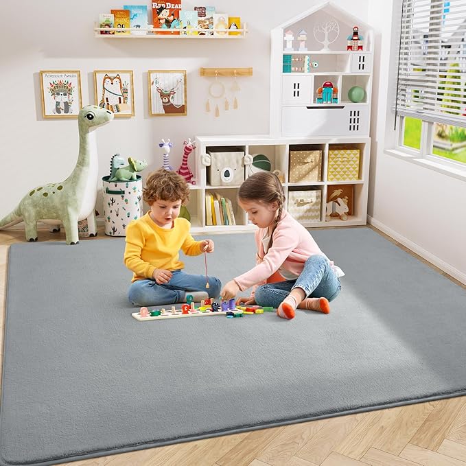 Amearea Modern Area Rugs for Bedroom Living Room, 4x6 Feet Grey Thickened Memory Foam Rug, Fluffy Indoor Washable Rugs Non Slip Minimalist Carpet for Kids Boys Girls Dorm Nursery Room Decor