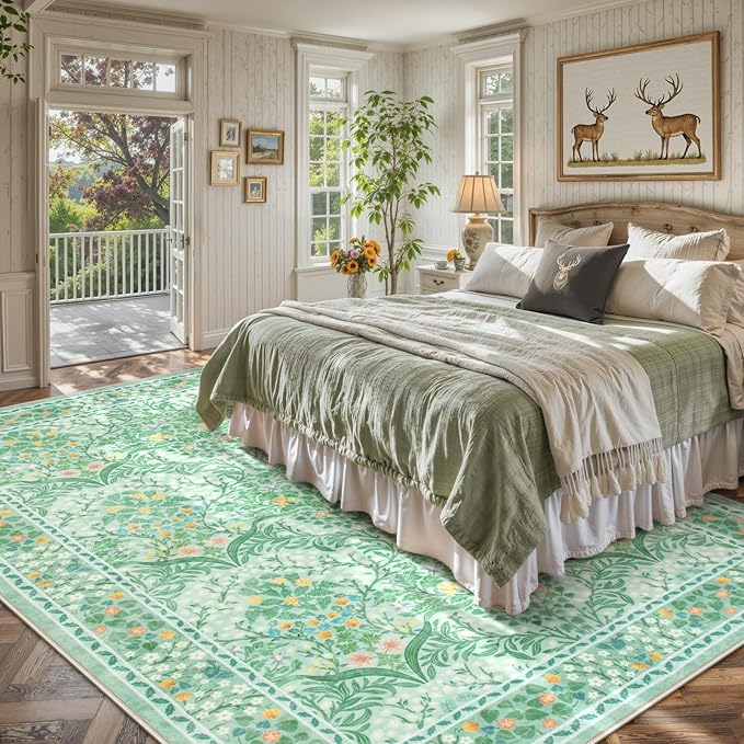 Lahome Floral Washable Rugs 8x10, Soft 8x10 Area Rugs for Living Room Bedroom, Boho Non-Slip Green Forest Design Large Throw Carpet for Farmhouse Dining Room Office, Sage Green