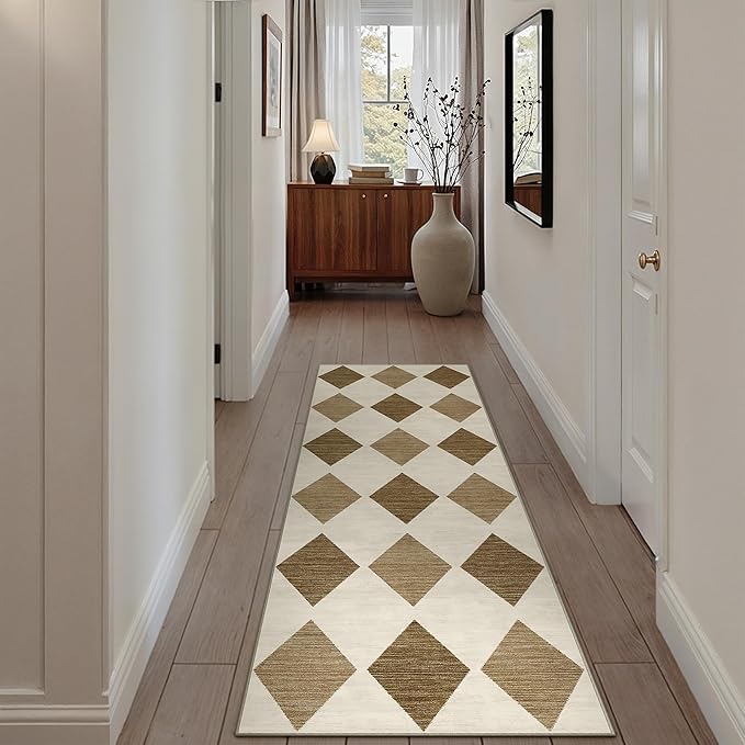 2x6 Runner Checkered Rug for Hallways Brown Washable Long Carpet Non-Slip Low Pile Boho Indoor Accent Throw Rug for Entrance Kitchen Bedroom Dining Laundry