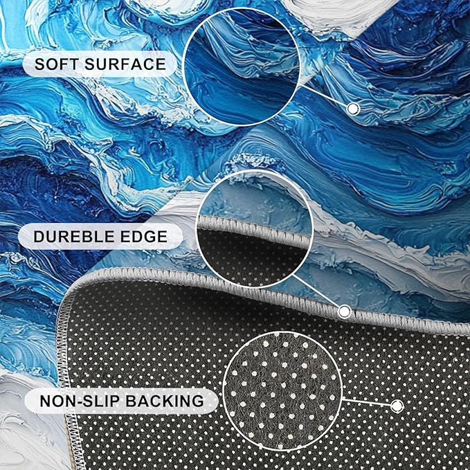 3x6 Ocean Waves Bedroom Rug Under Bed - Abstract Waves Kids Room Rugs, Abstract Art Bedroom Runner Rug Soft Washable for Living Room Kitchen
