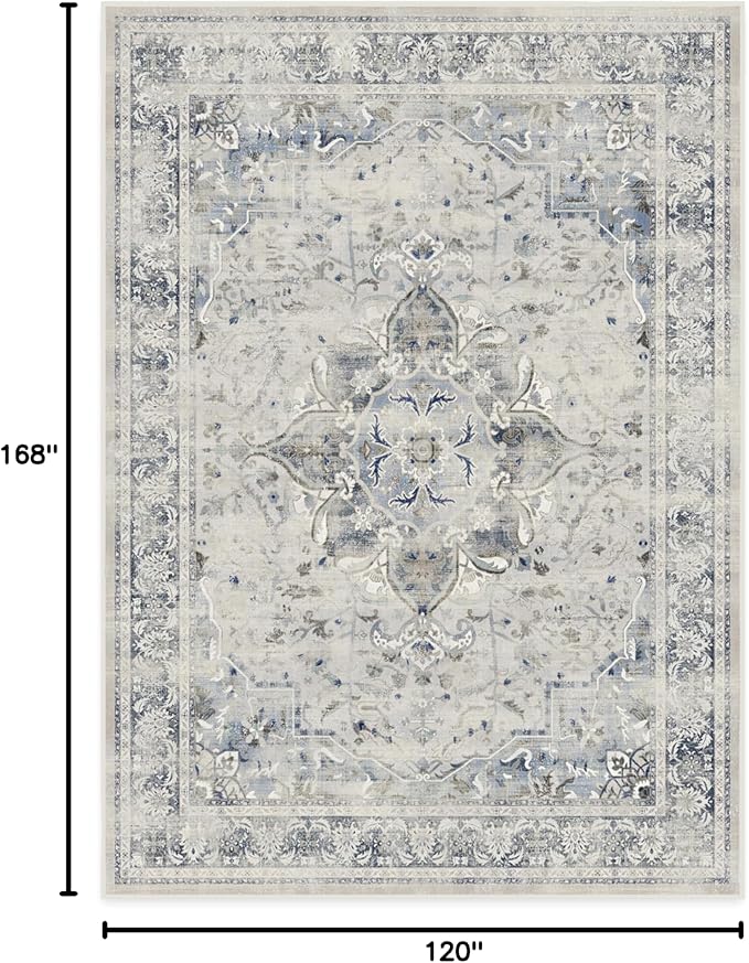 RUGGABLE Washable Vintage Area Rug – Sarrah Blue Quartz 10x14, Stain-Resistant, Non-Slip – Large Machine Washable Rugs for Living Room, Bedroom, Hallway, Entryway & Office–with Cushioned Pad