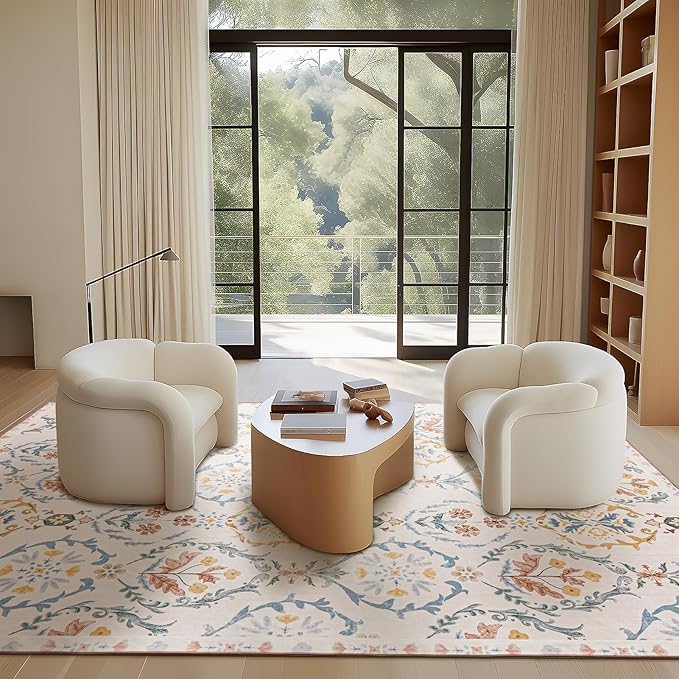 Phantoscope Washable Area Rug 9'x12' Non-Slip, Vintage Floral Boho Rugs for Living Room, Bedroom, DiningRoom, Soft Botanical Moroccan Pattern, Low-Pile Foldable Floor Carpet, Ivory Pink/Boho Garden