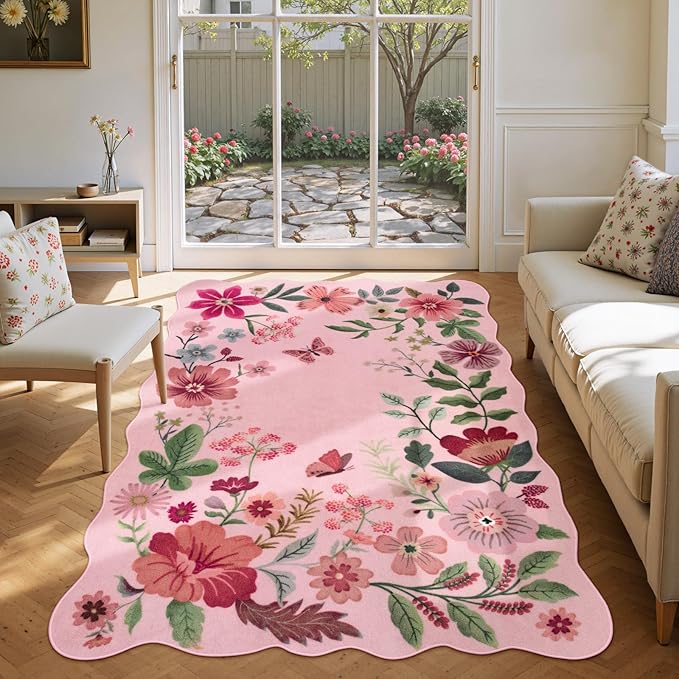 Lahome Floral Washable Rugs, 4X6 Pink Rugs for Bedroom Girls Ultra-Thin Soft Living Room Rug, Non-Slip Stain Resistant Boho Lightweight Low-Pile Throw Carpet for ‎Nursery Office (4x6ft, Pink)