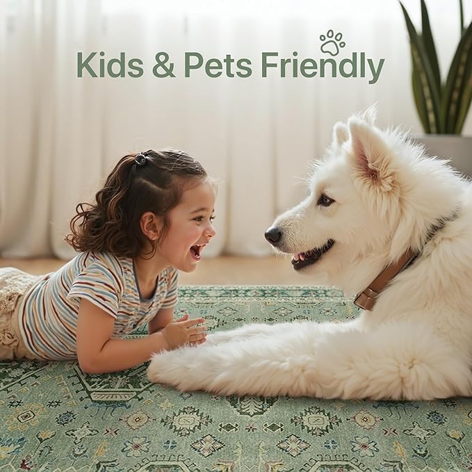 Bavni Washable Runners for Hallways 2X10, Ultra-Thin Non Slip Long Runner Rug, Print Vintage Aesthetic Carpet Runner, Low Pile Rugs for Kitchen Porch Bedroom, Green