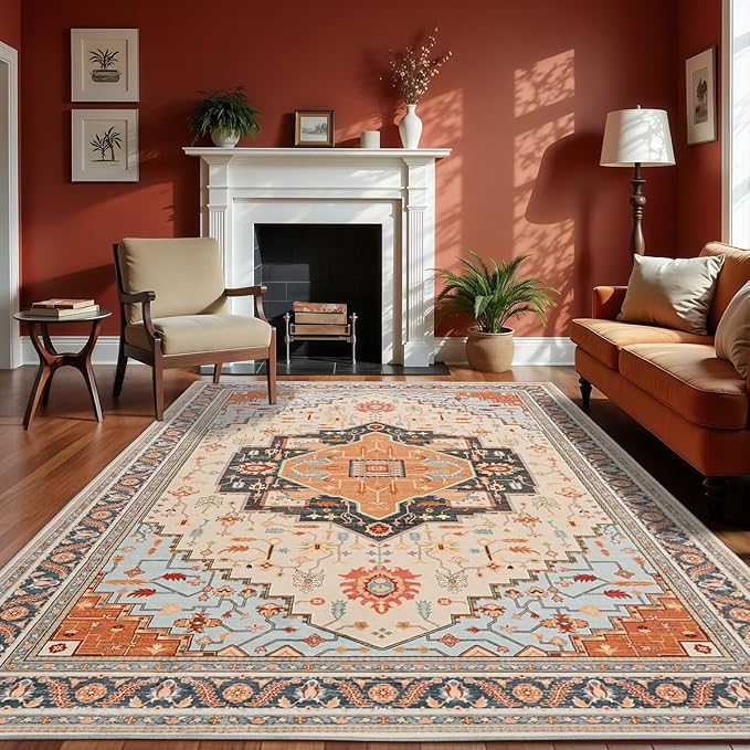 6x9 Orange Beige Area Rug for Living Room, Machine Washable Rugs with Non-Slip Backing for Bedroom, Vintage Medallion Carpet Dining Room Office Kids Room Decor