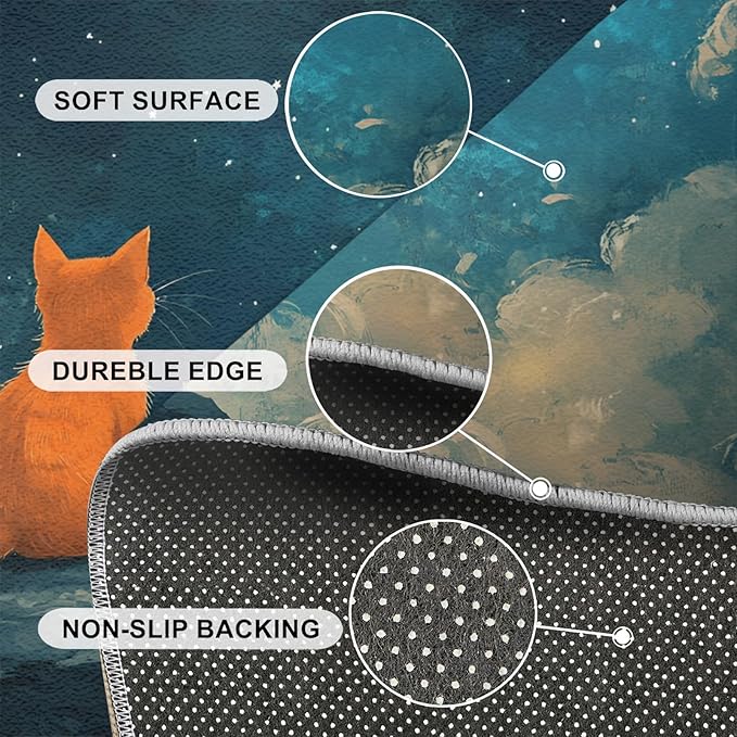 Orange Cat Rugs for Bedroom - 5x6 Area Rug - Cartoon Starry Sky Rugs for Living Room, 3D Cute Cat Rug, Non-Slip Washable Home Decor Carpet