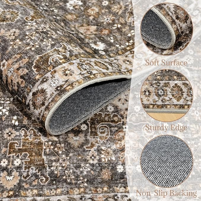 6x9 Washable Rug Vintage Fade Resistant Boho Distressed Non-Slip Indoor Large Carpet Low Pile Lightweight & High-Traffic Safe for Bedroom, Dorm, Playroom - Farmhouse Decor