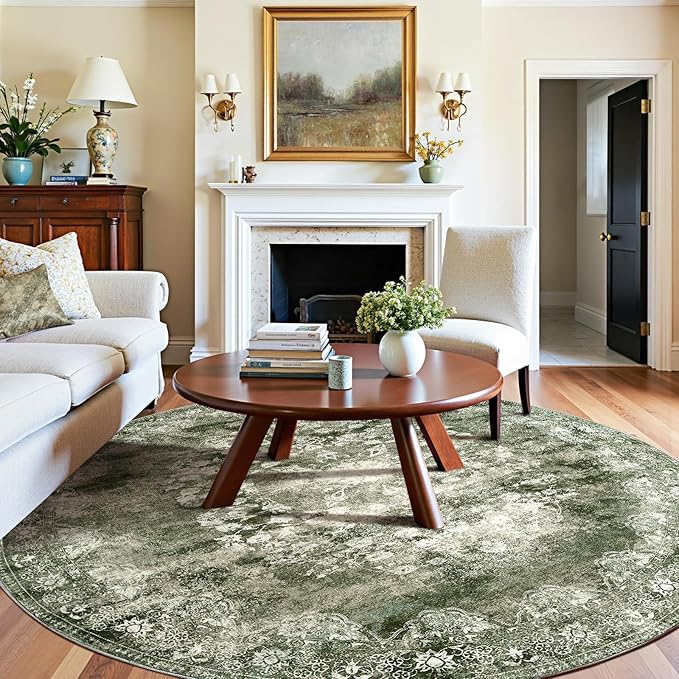 jinchan Round Rug 8ft Area Rug - Green Vintage Floor Mat Kitchen Indoor - Washable Circle 8' Thin Floral Print Carpet Retro Farmhouse Non Slip Dining Room Living Room Bedroom Office